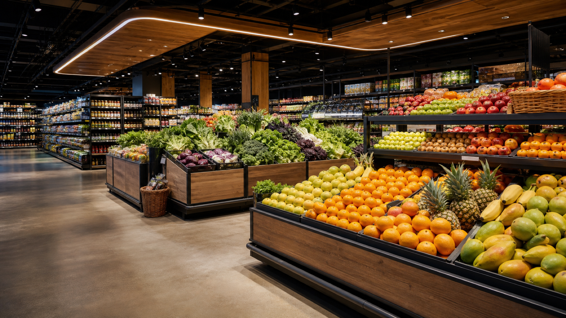 Premium modern supermarket with produce displays and well-stocked shelving